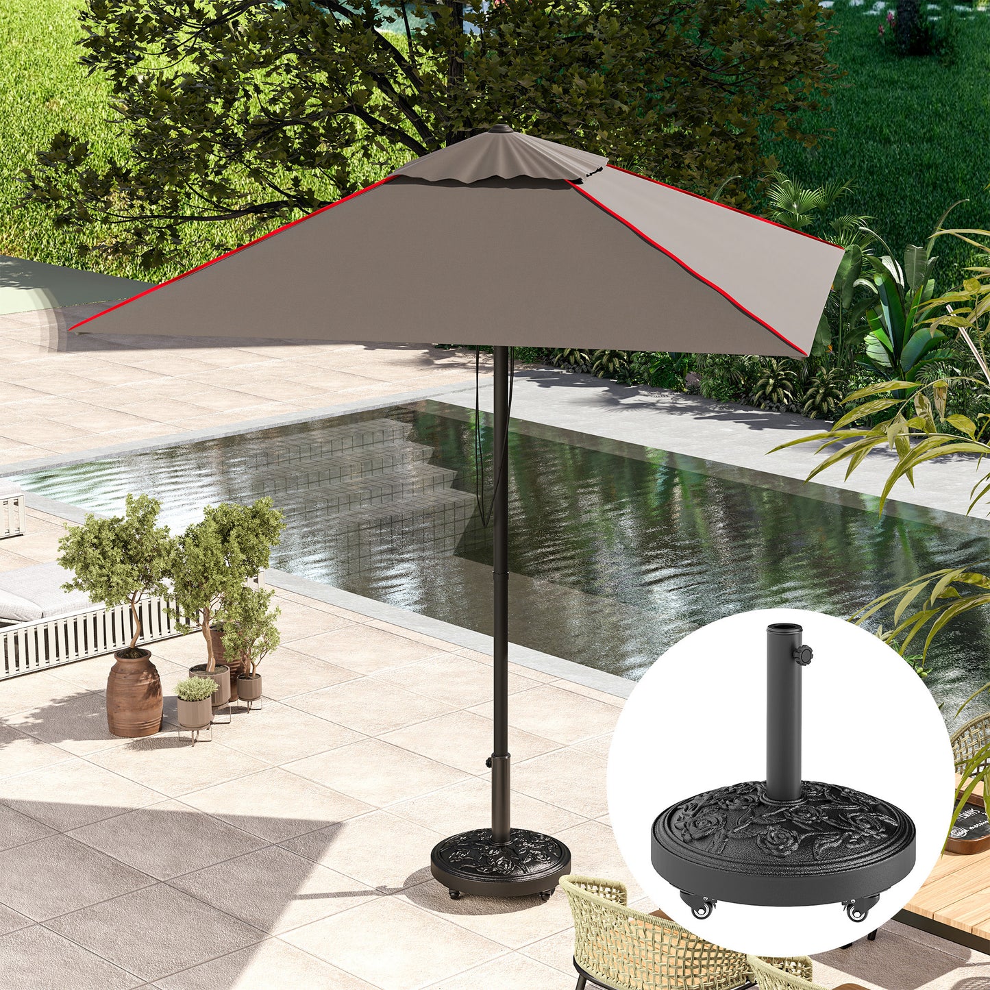 Outdoor Umbrella Base with Wheels - 46 lbs Resin Stand for 1.3" to 1.9" Poles - Black