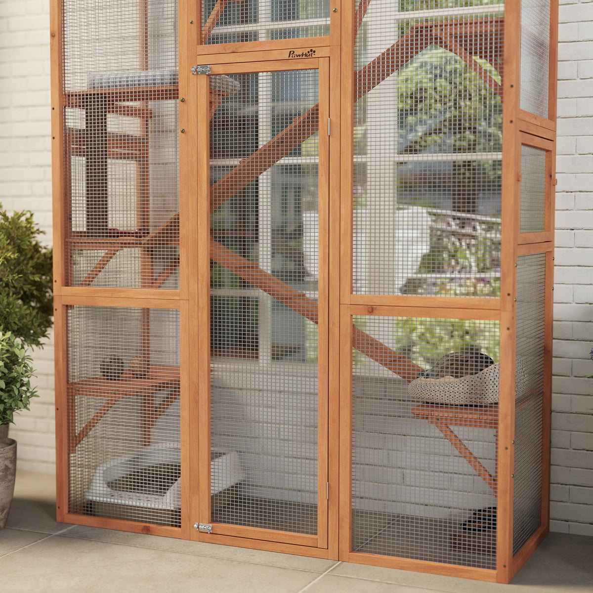 Large Outdoor Wooden Cat Enclosure with Platforms, Ramps & Scratching Post