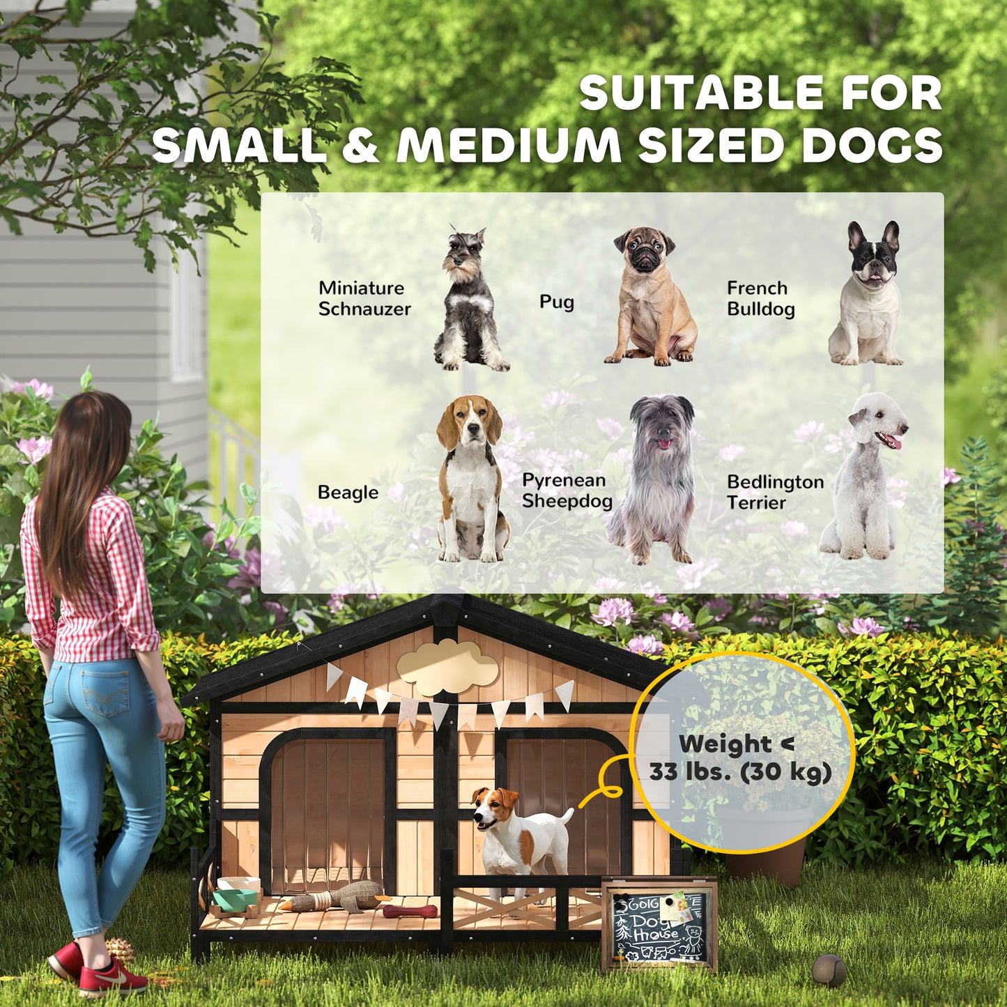 Outdoor Wooden Dog House with Porch & Removable Roof - Natural Finish