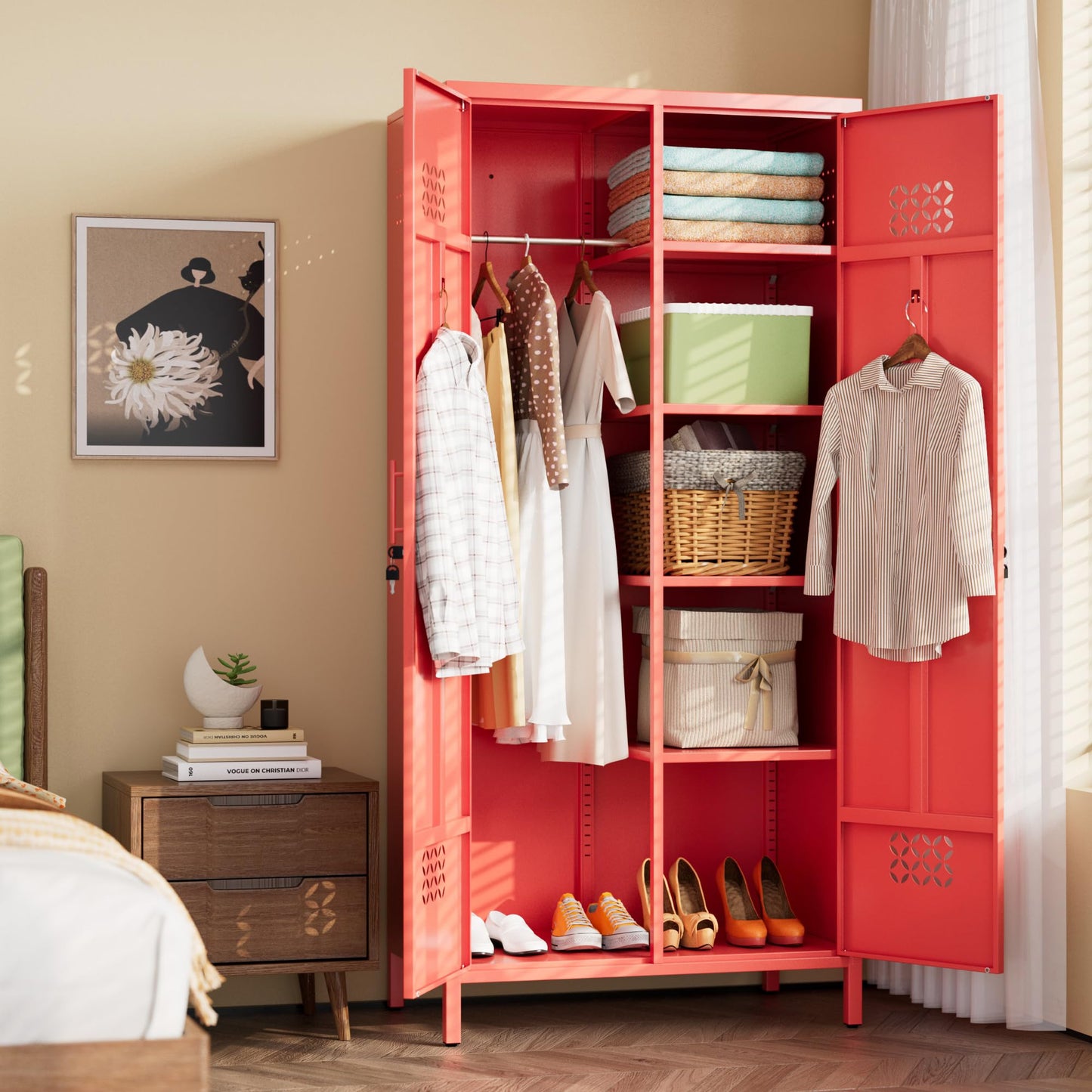Metal Wardrobe Cabinet with Adjustable Shelves - Red
