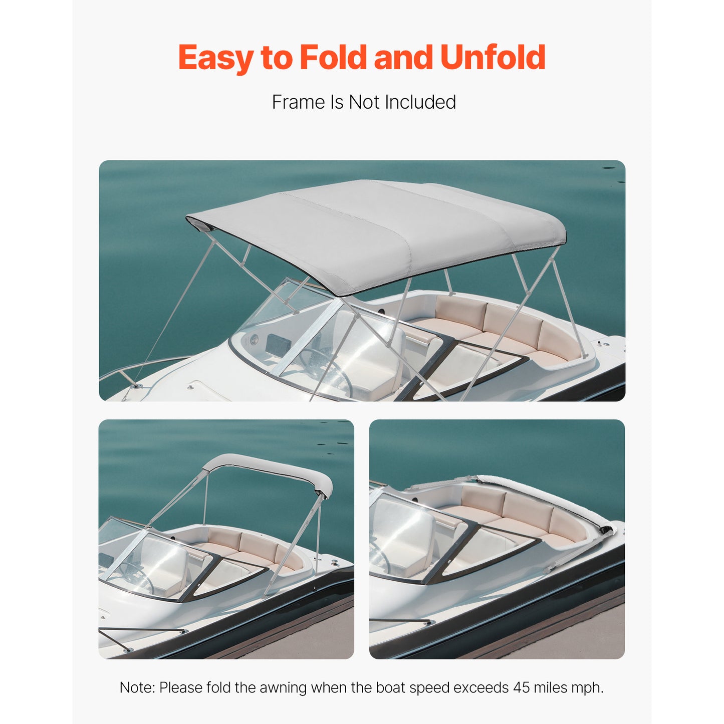 8 Ft Marine-Grade Waterproof Bimini Top Replacement Cover - Gray, Easy Install Sun Shade for Boats