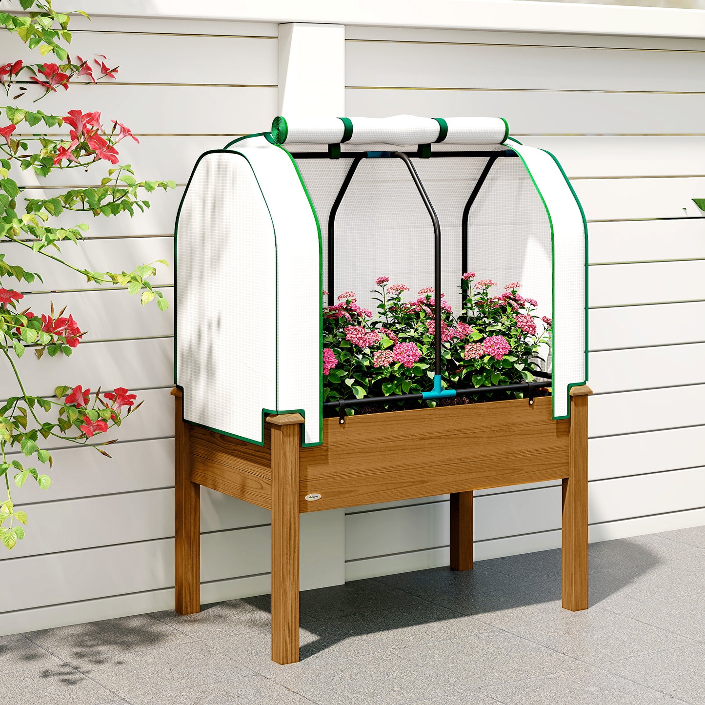 Raised Garden Bed with PE Greenhouse Cover - Outdoor Planter Box for Herbs and Vegetables, 35 x 22 x 47 inches, Brown