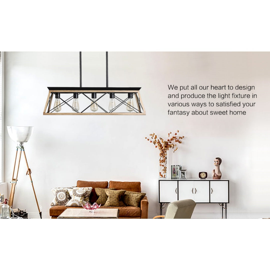 32-Inch Oak Industrial 5-Light Pendant Chandelier - Adjustable