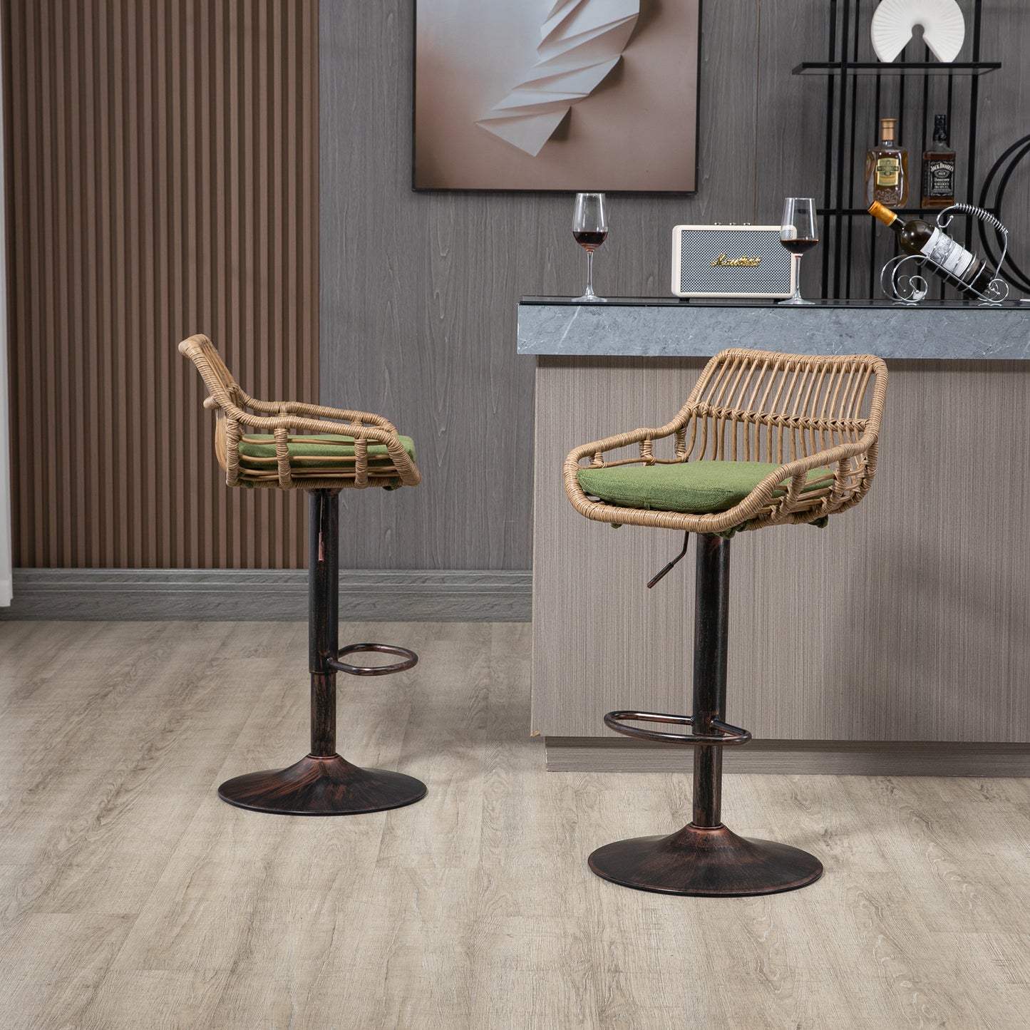 Adjustable Green Swivel Bar Stools Set of 2 with Footrest