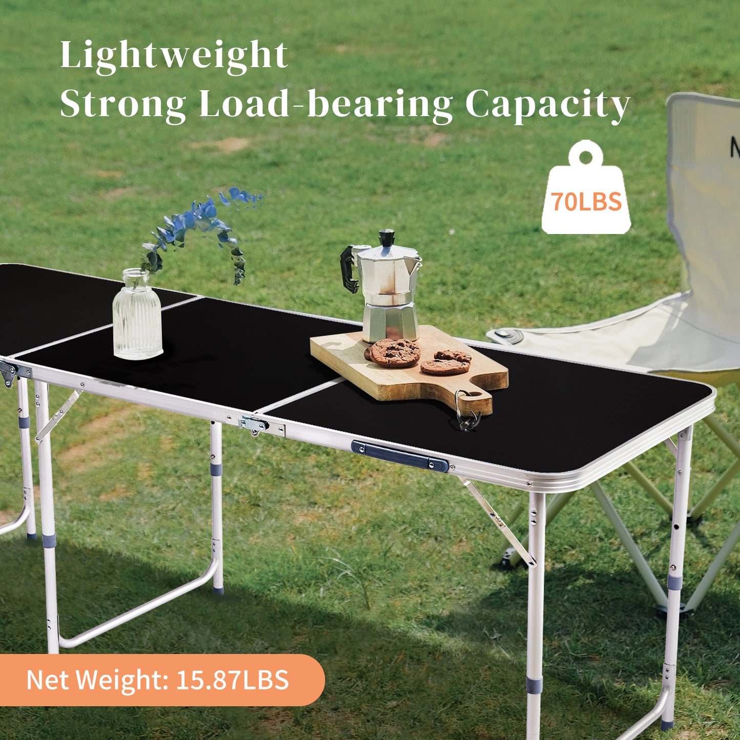 6ft Aluminum Alloy Folding Table - Black Outdoor Tri-Fold