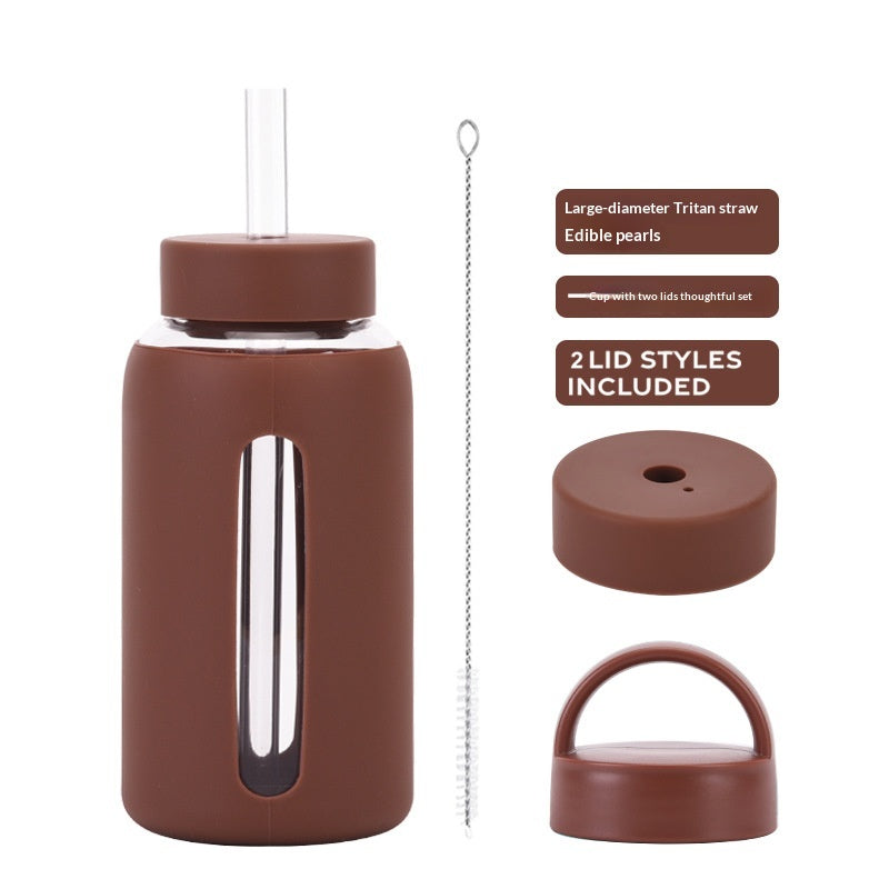 600ml Silicone Sleeve Glass Water Cup with Dual Lids - Heat-Resistant & Sipper-Friendly
