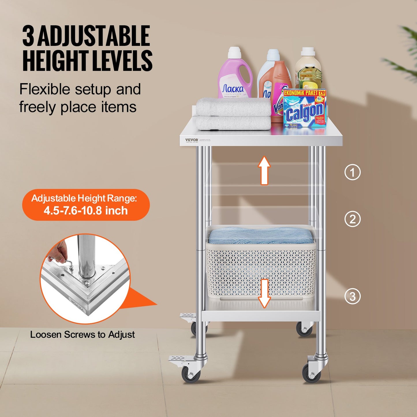 Heavy Duty Stainless Steel Work Table with Adjustable Height - 24x24x40 Inch