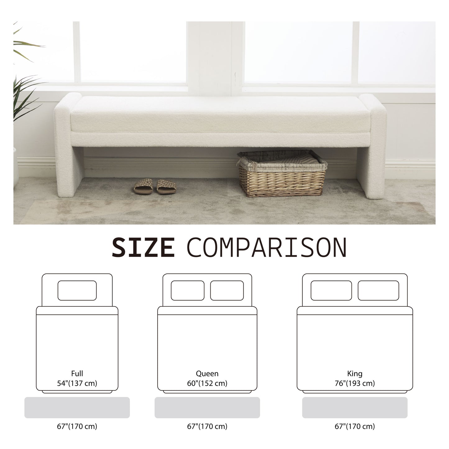 66.9" Modern Upholstered Cozy Boucle Bench - Ivory