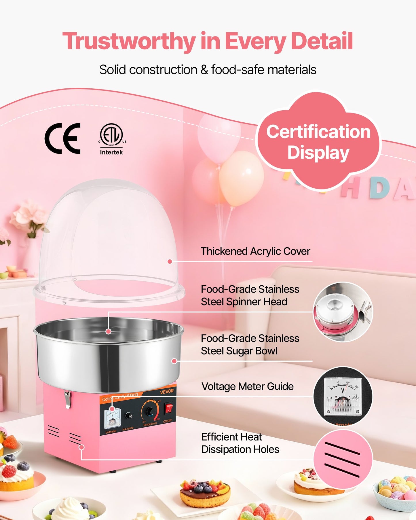 Electric Cotton Candy Machine 1000W with Stainless Steel Bowl & Cover - Perfect for Home & Parties