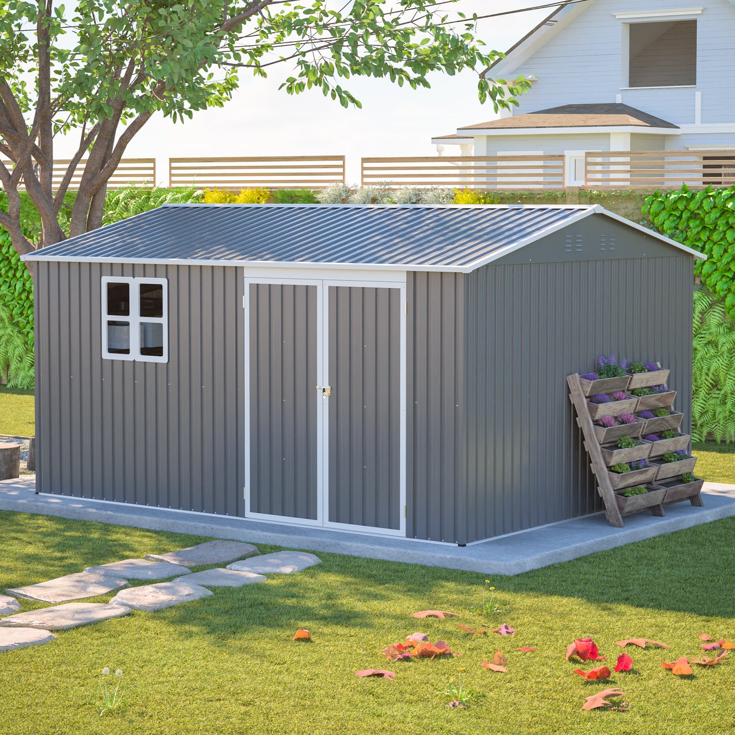 12x10 FT Heavy Duty Metal Outdoor Storage Shed - Grey