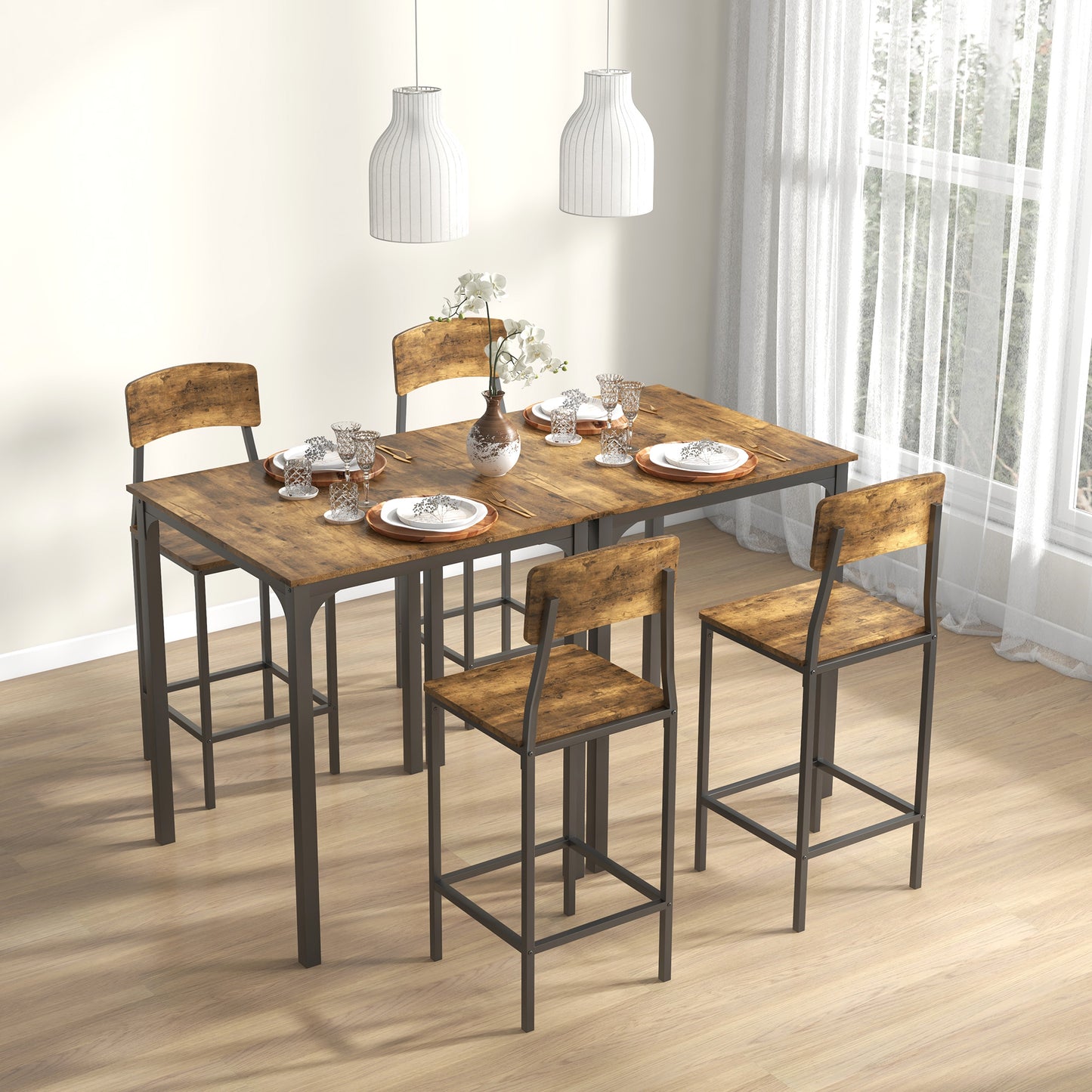 3-Piece Rustic Brown Dining Table Set with 2 Stools