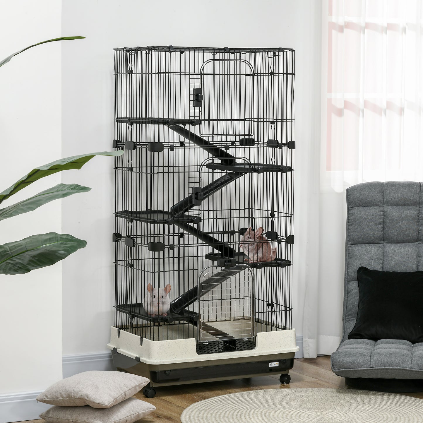 Small Animal Cage 32 Inch 6-Level with Lockable Wheels & Slide-Out Tray for Rabbits, Ferrets, Chinchillas - Black