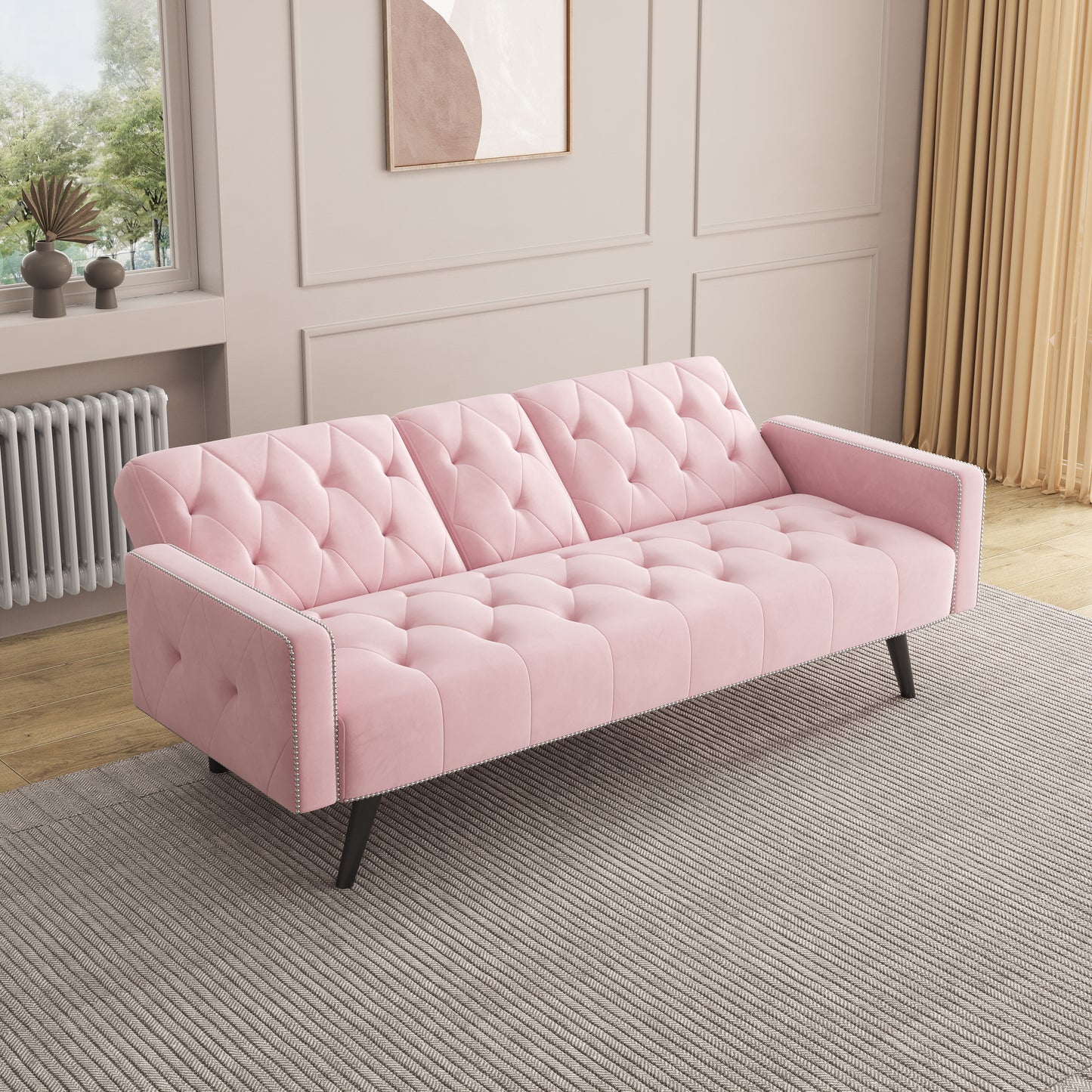 Pink Velvet Sofa Bed with Armrests & Cup Holders - 72"