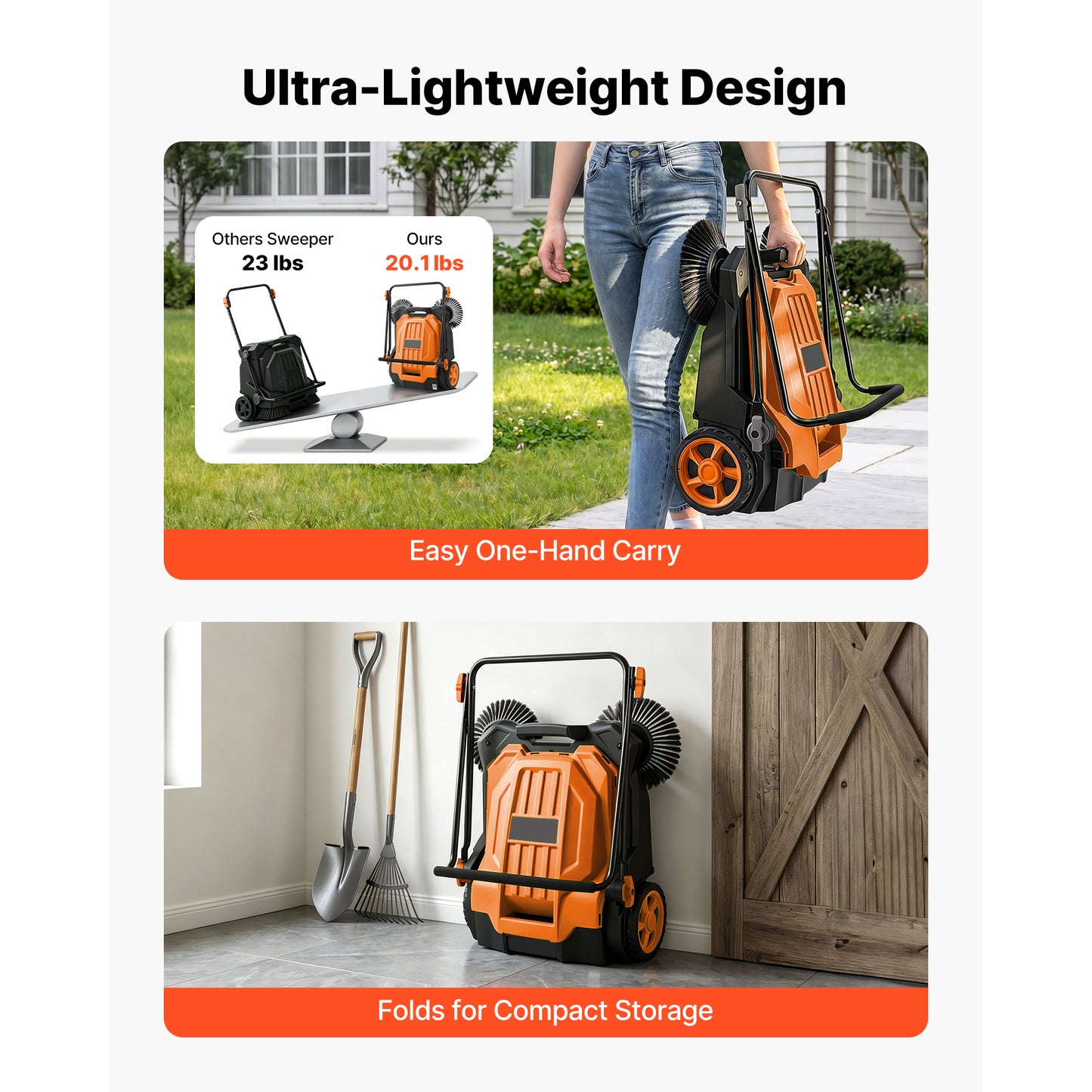 Walk-Behind Hand Push Floor Sweeper - Manual, 25.6-Inch Width, 5-Gallon Waste Bin, Adjustable Folding Handle for Yards & Garages