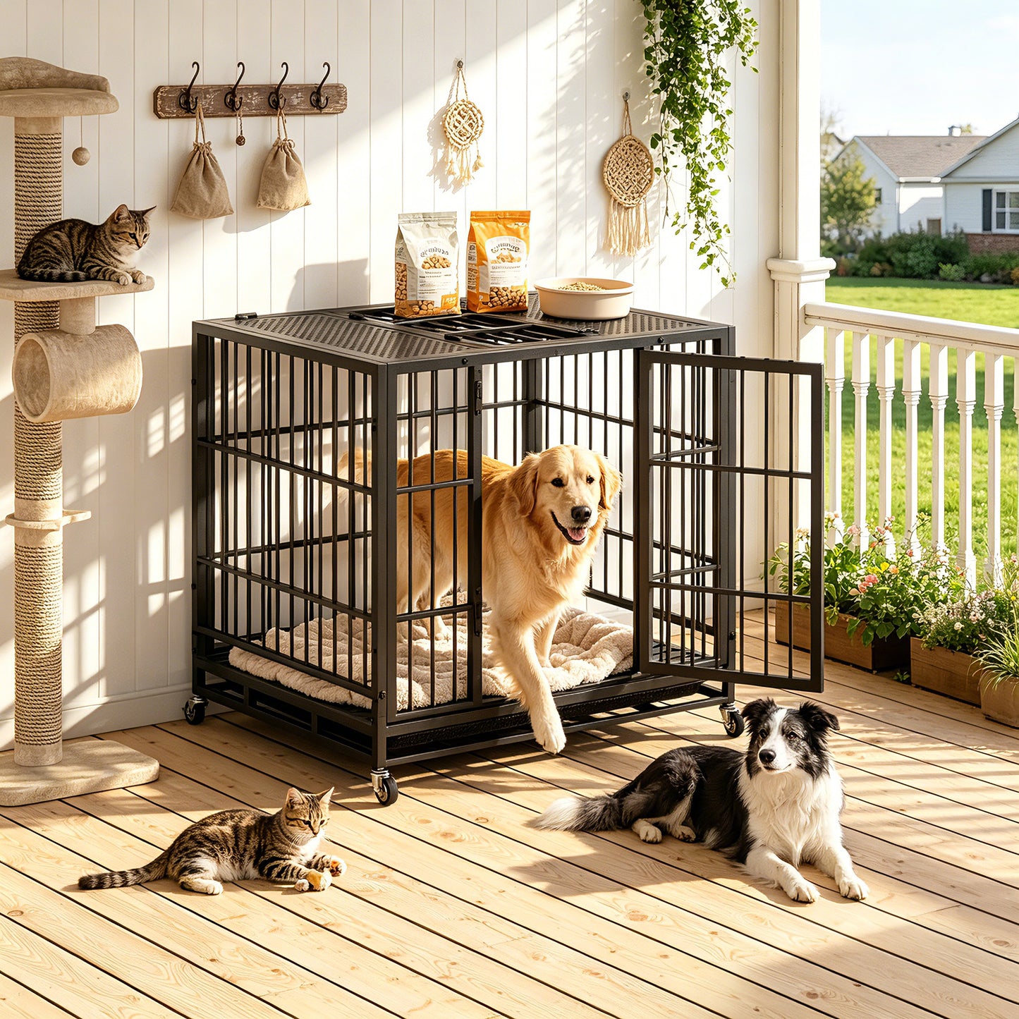 Heavy Duty Dog Crate with Lockable Wheels - Indoor Outdoor Metal Kennel, Perforated Top