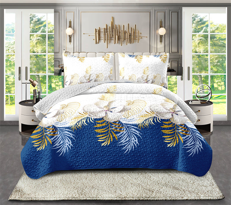 3-Piece Navy Blue & Gold Tropical Floral Duvet Cover Set