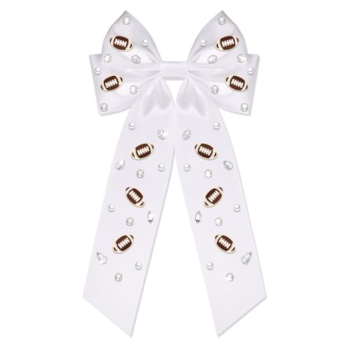 Football Hair Bow Clips for Women Game Day Hair Bows Jeweled Big Bows Long Tail Satin Hair Ribbons White Team Spirit Accessories Game Day Football Mom Accessories Outfits Gifts (Pattern A5)