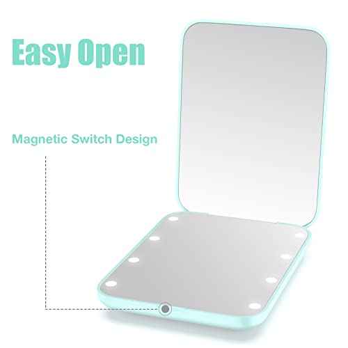 WOBSION Small Mirror with Lights,LED Compact Makeup Mirror,1x/3x Mini Travel Mirror with Magnification,Portable for Purse,Pocket,Gifts for Girls,Cyan