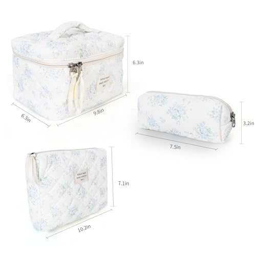 3Pcs Cotton Quilted Makeup Bag Large Travel Cosmetic Bag Coquette Makeup Pouch Cute Aesthetic Floral Toiletry Bag for Women Girls (flower-T)