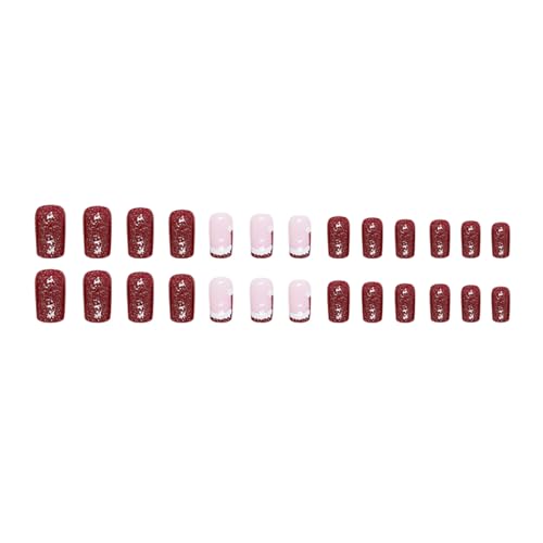 Press on Nails Short Square Christmas Fake Nails Tips Glossy Nails Red False Nails with Glue on Nails Stick on nails for Women and Girls