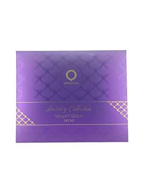 Orientica Al Haramain Velvet Gold 4-Piece Gift Set for Women, (2.7 Oz Eau De Parfum Spray + 0.33 Oz Eau De Parfum Spray + Atomizer + Bag) Luxury Collection