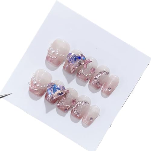 Handmade Wearing Nail Powder Cat Eye French Short Square Round Gentle Detachable Nail Patch(S), 1 Count (Pack of 1)