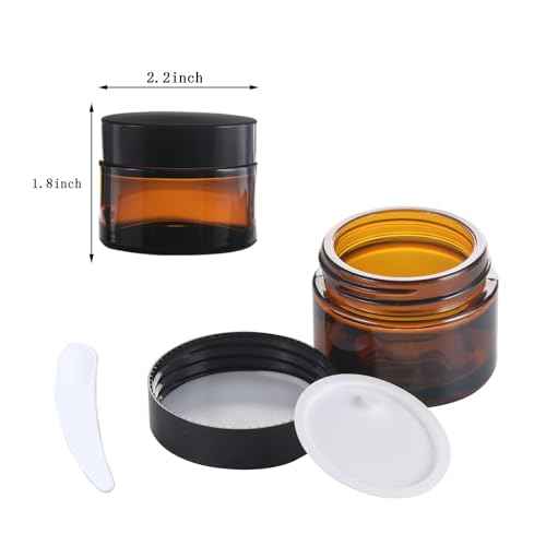 OverNews 2oz Amber Glass Jar Travel Size, 4PCS Empty Cosmetic Lotion Container with Black Lid & Spatula, Small Mini Jar for Beauty