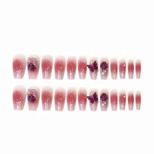 24Pcs Medium Press on Nails Coffin Handmade Fake Nails 3D Rose Butterfly Nail Germs Shiny Luxury False Nail Full Cover Acrylic Glue on Nails for Women