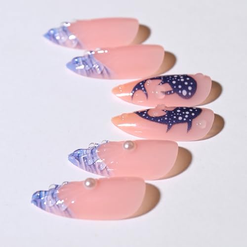 Almond Press on Nails Medium French Tip Fake Nails with 3D Pearl Drip Gel Summer Glue on Nails Blue Shark False Nails Ocean Whale Artificial Stick on Nail Cute Acrylic Nail for Women Manicure 24Pcs