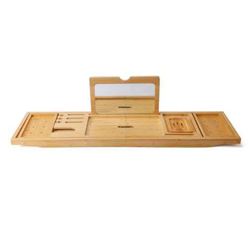 Bathtub Tray Table with Mirror and Bath Pillow, Expandable and Foldable Bamboo Bath Tray for Tub Soft and 4D Mesh Bathtub Pillow Luxury Bath Accessories Spa Gifts