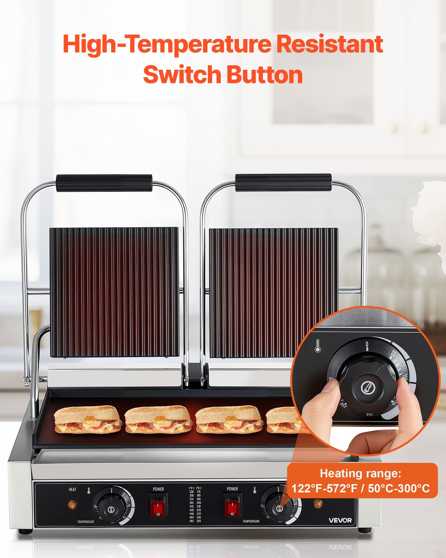 Commercial Electric Panini Press Grill with 19x9 Inch Non-Stick Plate