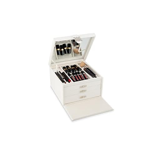 Glenor Co Makeup Organizer - Extra Large Exquisite Case w Modern Closure, 4 Drawer Trays & Full Mirror - Huge Cosmetic Storage Jewelry Box for Dresser, Counter-top & Vanity - PU Leather - White