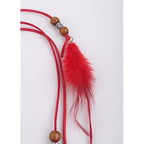 Jumwrit Boho Feather Headband Indian Hippie Gypsy Headpiece Feather Tassel Headdress Adjustable Hemp Rope Beaded Hairband Hair Accessories for Women and Girls Festival Party Decoration(Red)