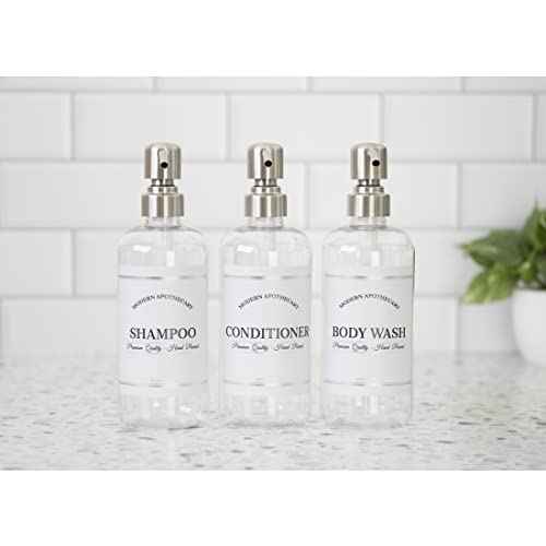 Clear Refillable Shampoo and Conditioner Bottles - Body Wash, Shampoo and Conditioner Dispenser - PET Plastic Shampoo Bottles Refillable with Pump - Waterproof Labels - 16 oz, 3 Pack (Stainless Steel)