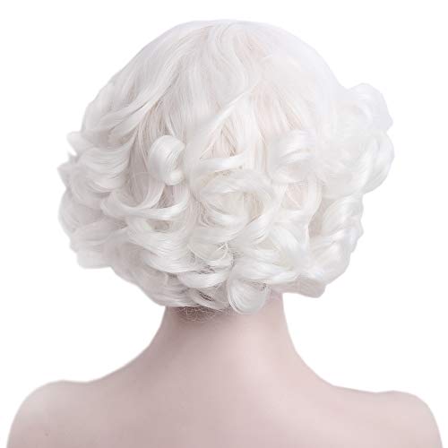 White Short Curly Womens Wig Heat Resistant Synthetic Hair for old lady Halloween Christmas mrs Santa Anime Cosplay costume Daily Wig