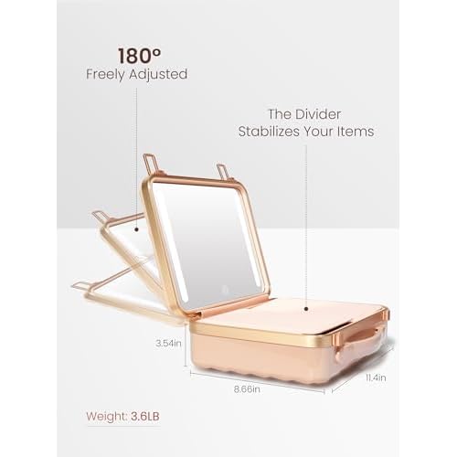 ROWNYEON Light Up Travel Makeup Case With Mirror - Portable Makeup Organizer and Train Case for Makeup Artists and Girls (Pink)