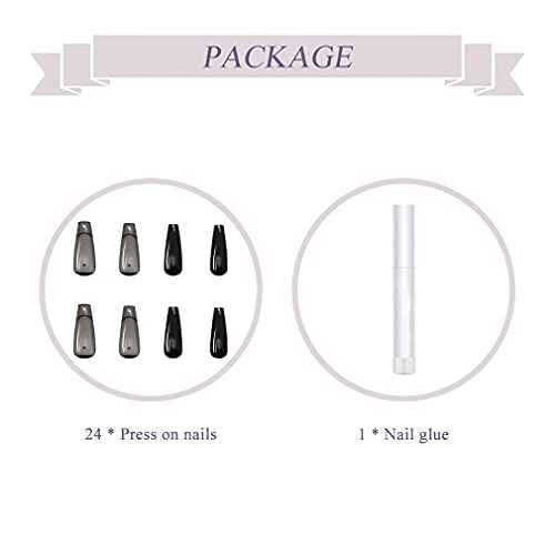 BABALAL Glitter Press on Nails Black French Fake Nails Shiny Clip on Nails Long Ballerina Artificial Finger Manicure with Nail Glue for Women and Girls