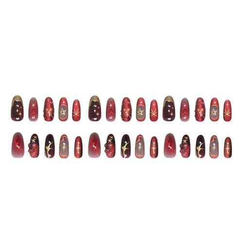 Short Almond Press on Nails Dark Red Fake Nails 3D Gold Designs Nails Press Ons Red Gradient Stick on Nails Full Cover Artificial Nails Gift for Women 24pcs