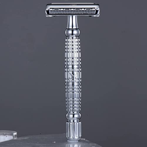 VIKINGS BLADE Double Edge Safety Razor for Men + 5 Swedish Steel Blades + Luxury Case. Long Handle. Smooth, Reusable, Eco-Friendly (The Vulcan)