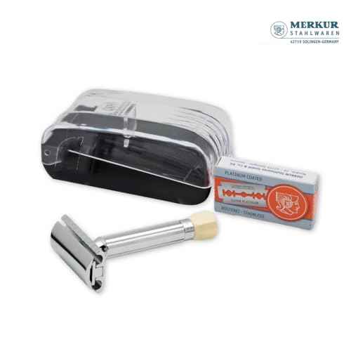 MERKUR 500C Short Handle Adjustable Blade Gap Safety Razor Set with 10 Blades In A Box