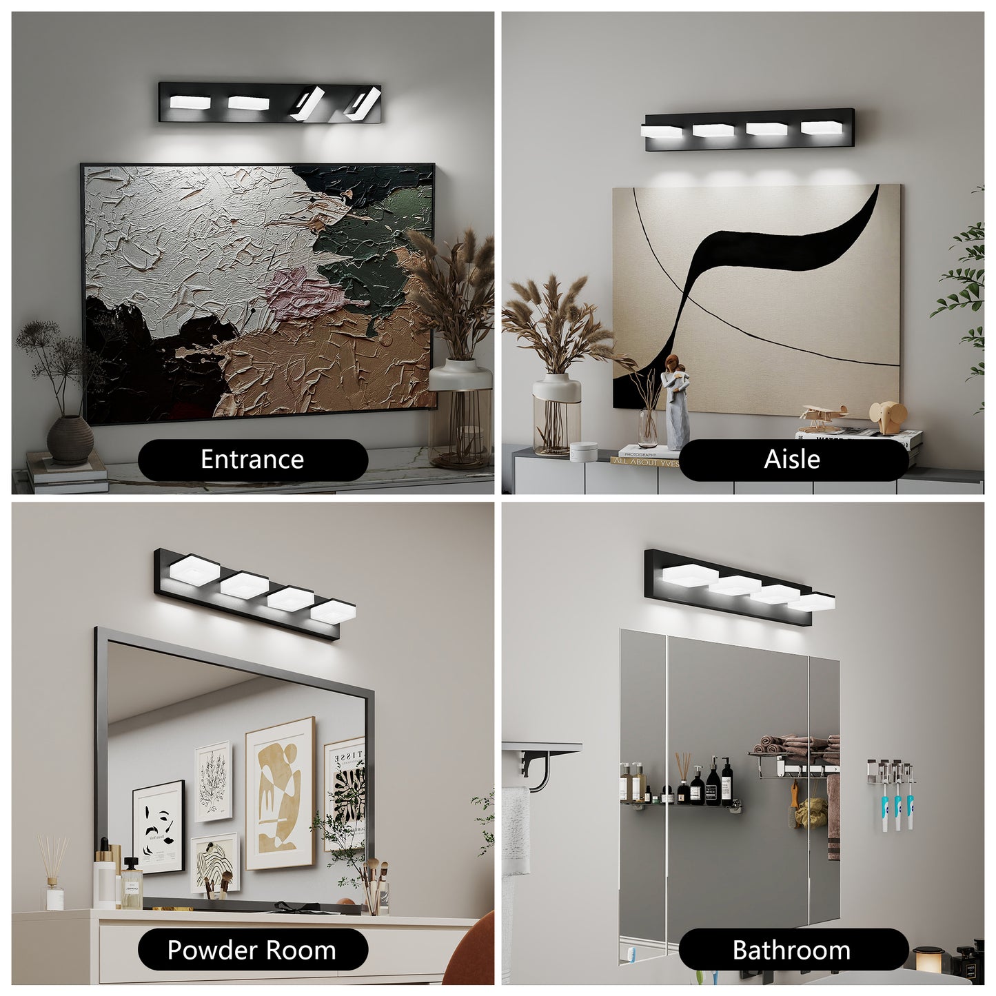 LED Bathroom Vanity Light Fixture - 4-Light Matte Black, 25-Inch