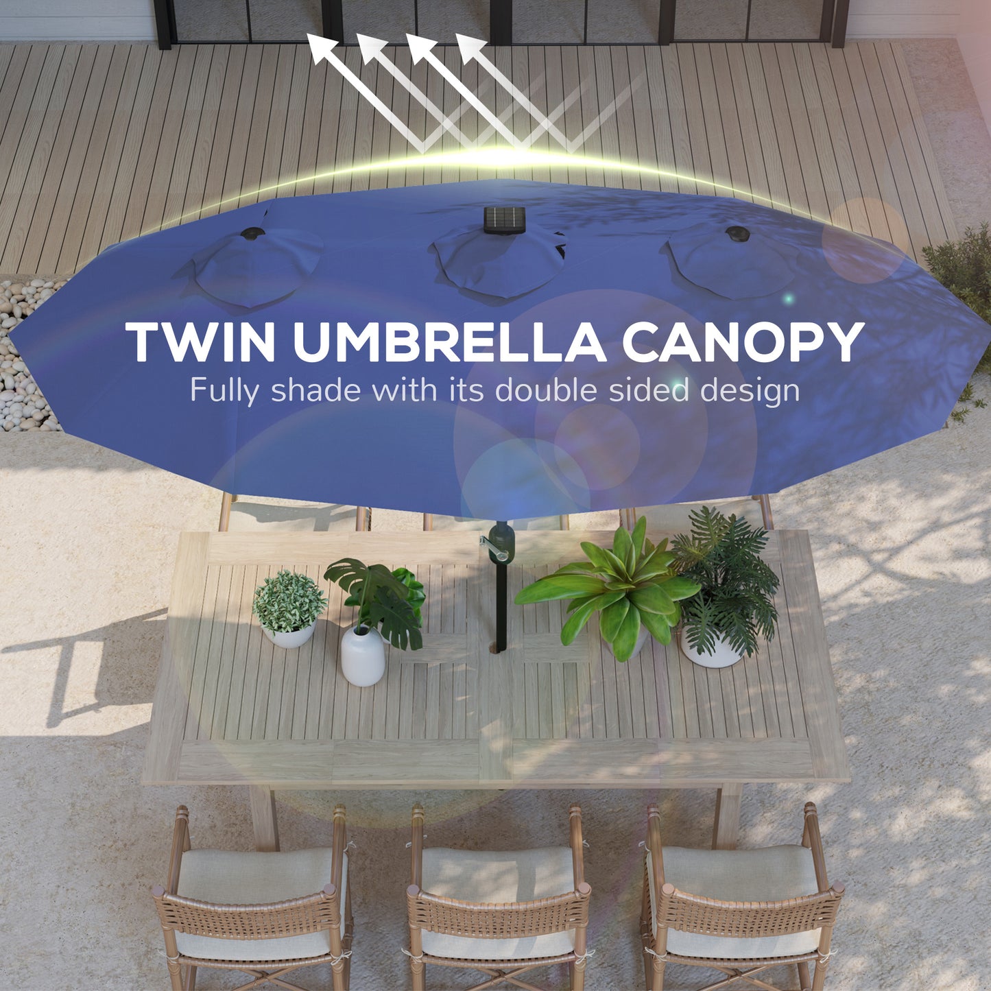 Double-Sided Patio Umbrella with LED Solar Lights - Navy Blue