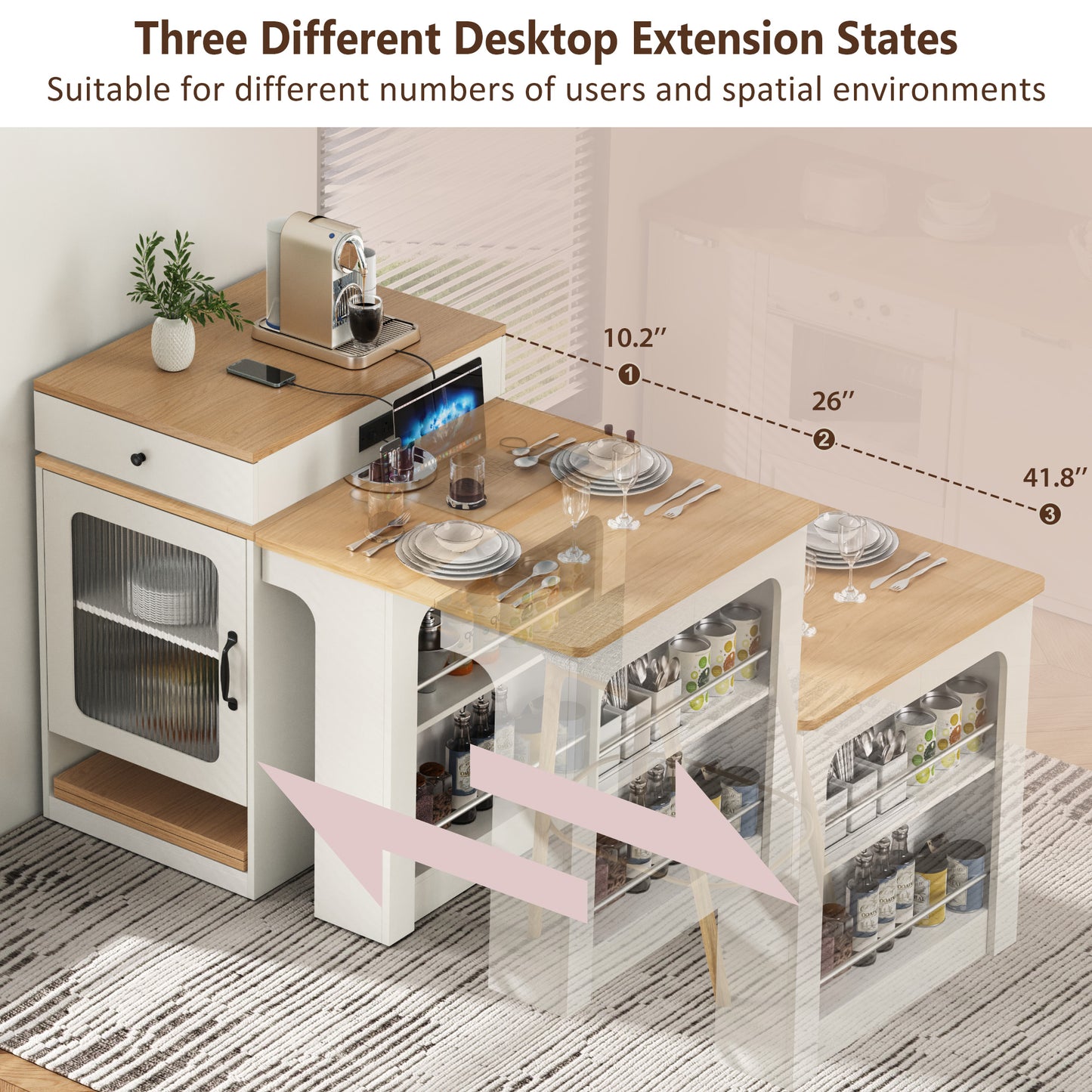 K&K 59.5 Kitchen Island With Extendable Dining Table, Storage Table