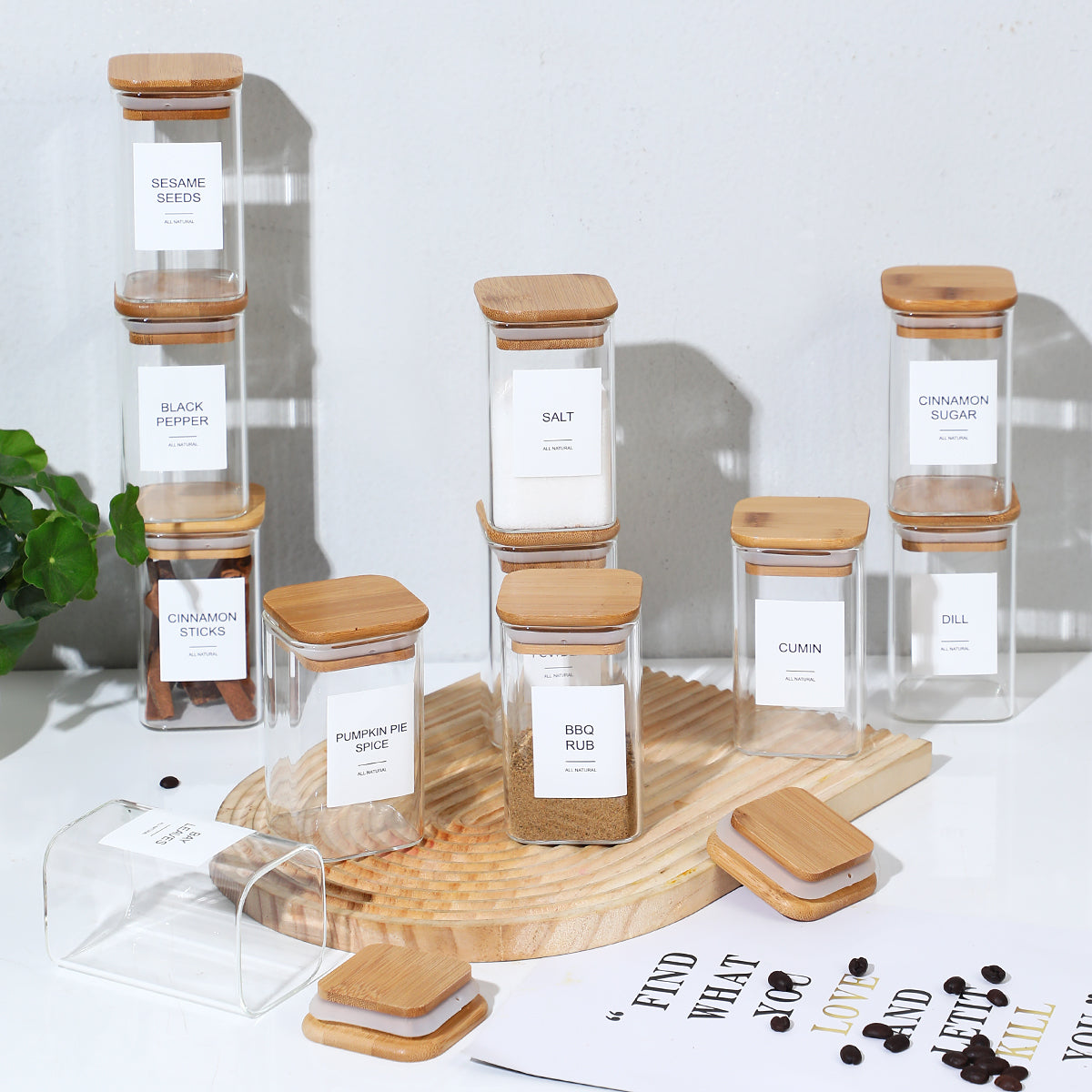 12 Pcs Square Spice Jars with 72 Stickers - Kitchen Storage