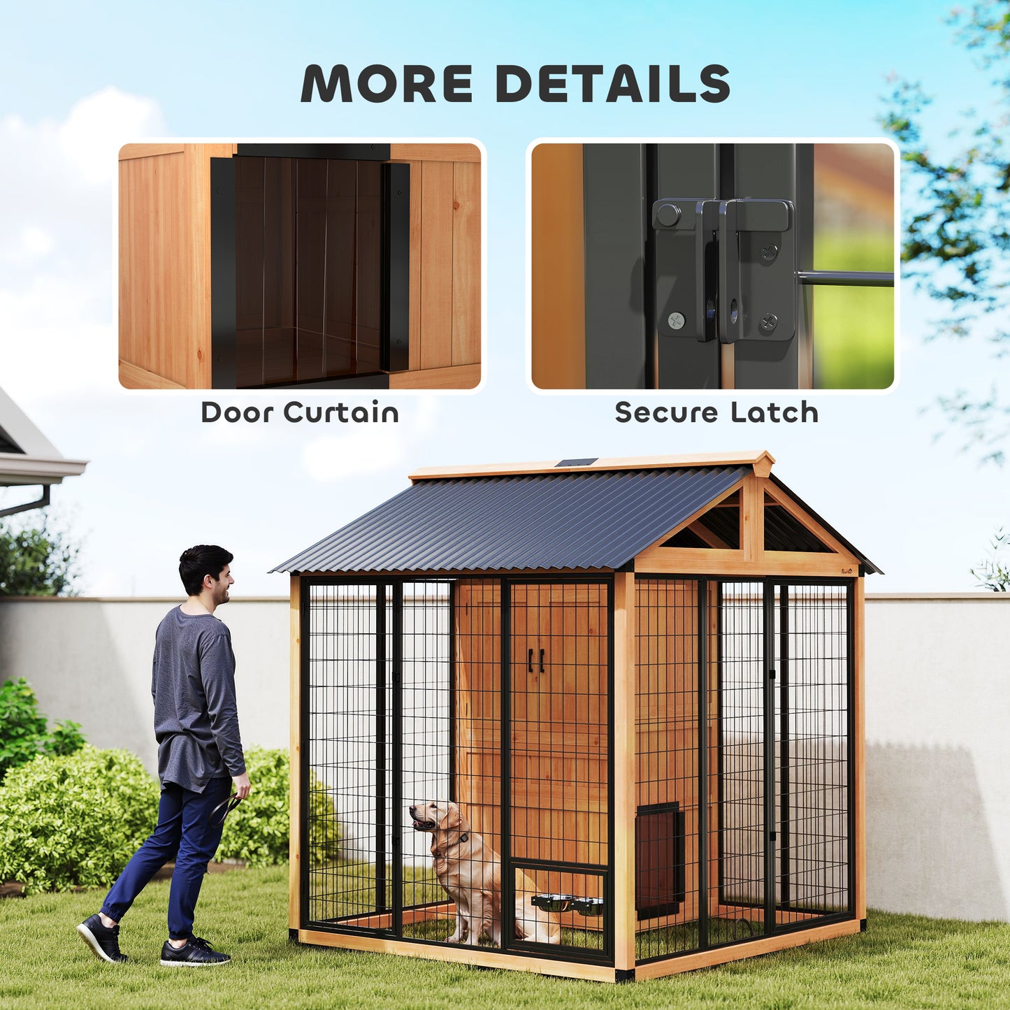 Large Outdoor Dog House with Storage Cabinet & Steel Bowls - Light Yellow