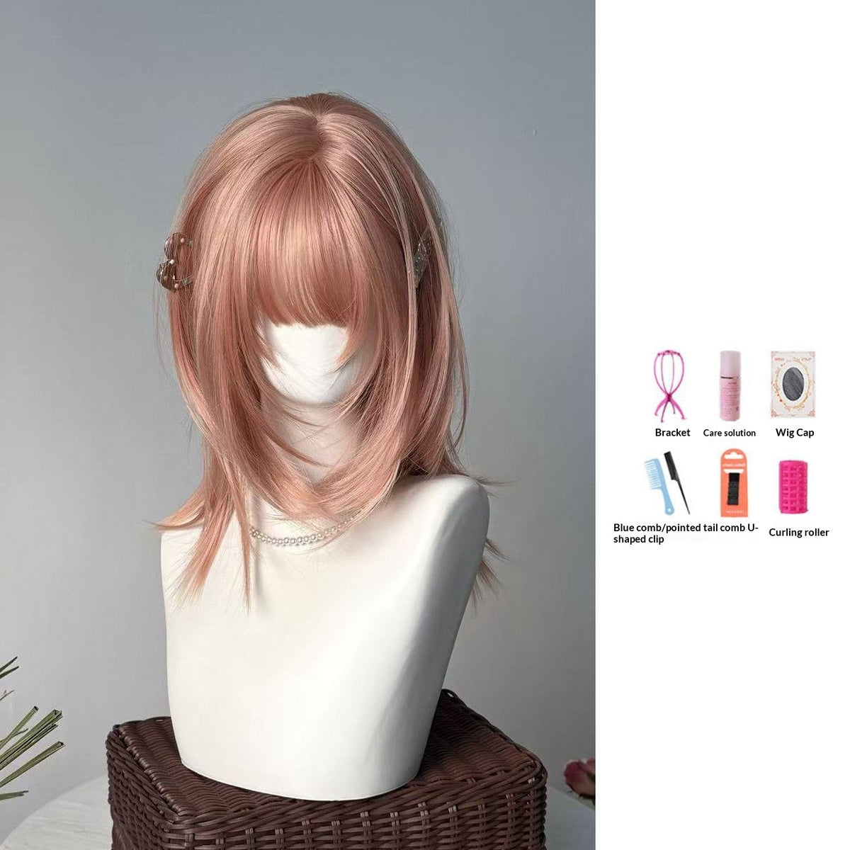 Summer Mullet Short Hair Wig with Fog Pink Color and Hair Net or Care Set