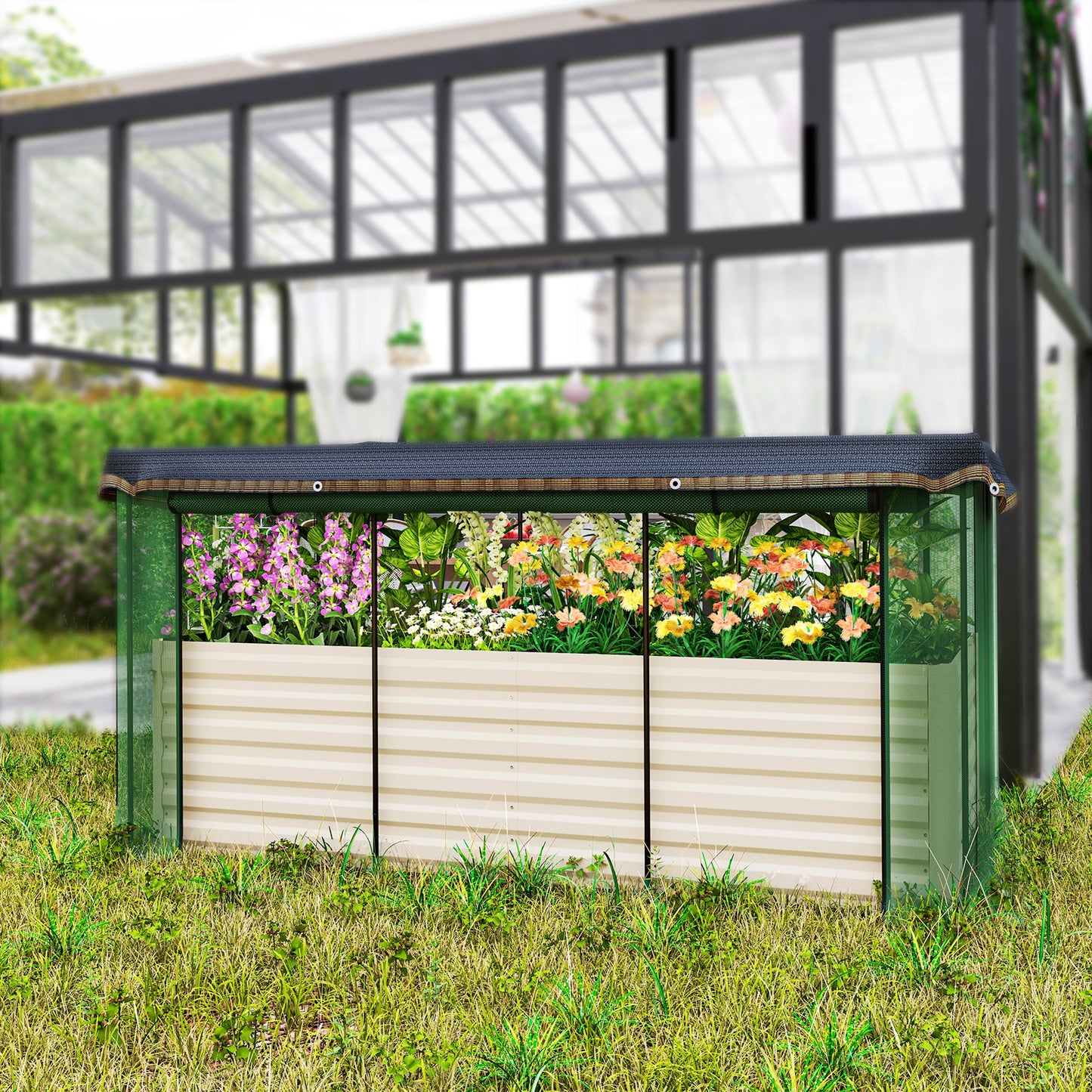 Galvanized Steel Raised Garden Bed with Crop Cage & Shade Cloth - Beige, 1185x340x150 mm