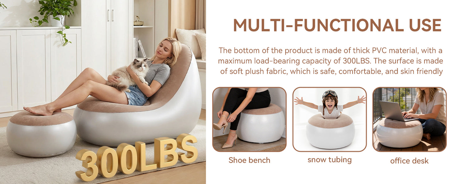 Inflatable Chair With Ottoman Flocked Water Proof Comfortable Blow Up