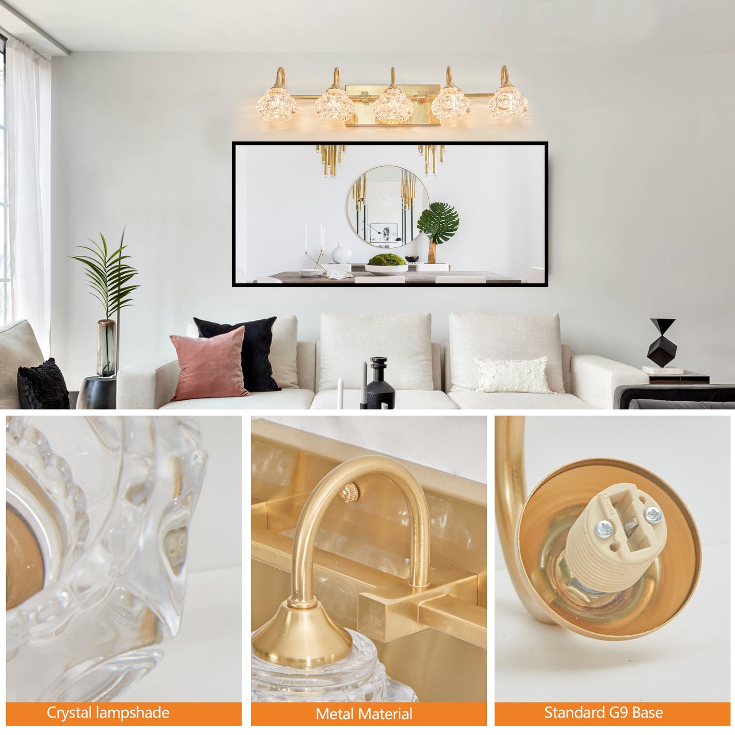 Modern 5-Light Gold Crystal Bathroom Vanity Light Fixture