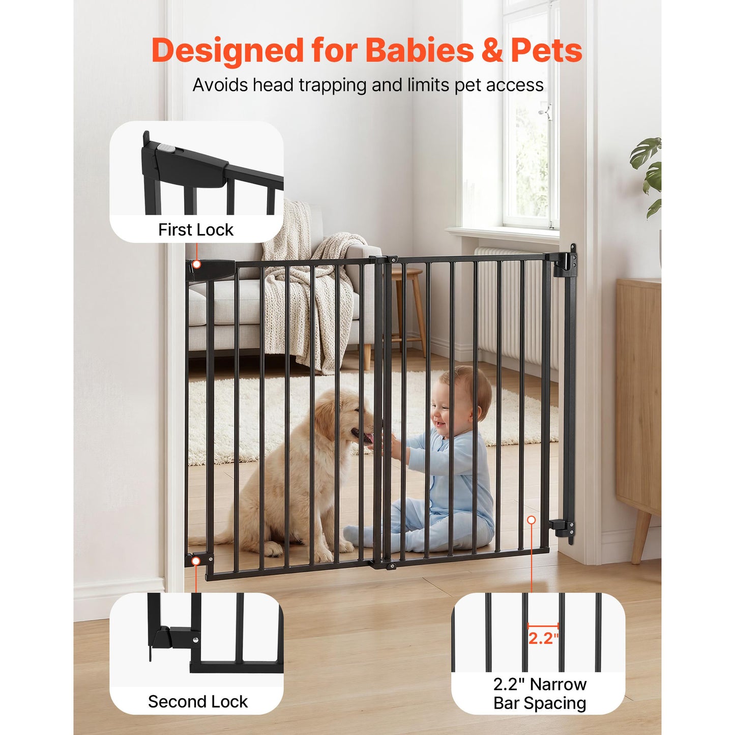 Adjustable Baby Gate for Stairs and Doorways - No Bottom Bar, One-Handed Operation, Easy Installation, Black